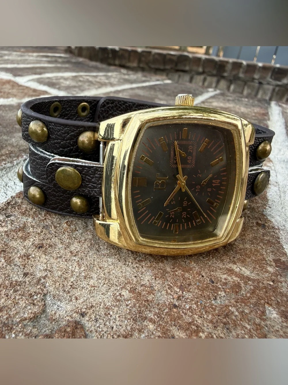Gold-Tone Women's Wrap Watch with Brown Studded Leather Strap